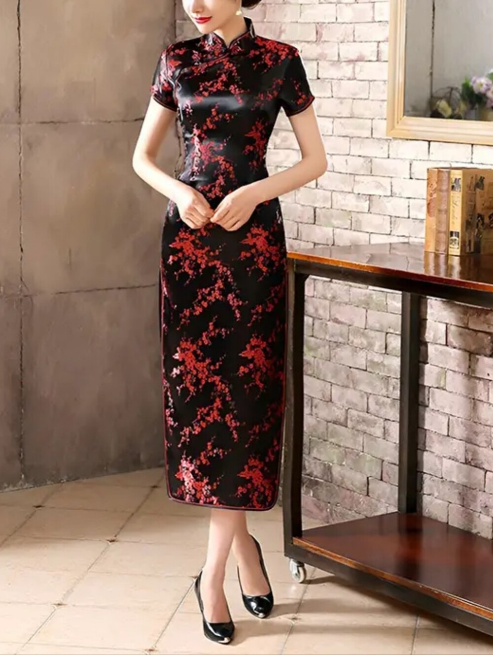Yan's Collection Red Black Floral Qipao Cheongsam Vintage Dress
